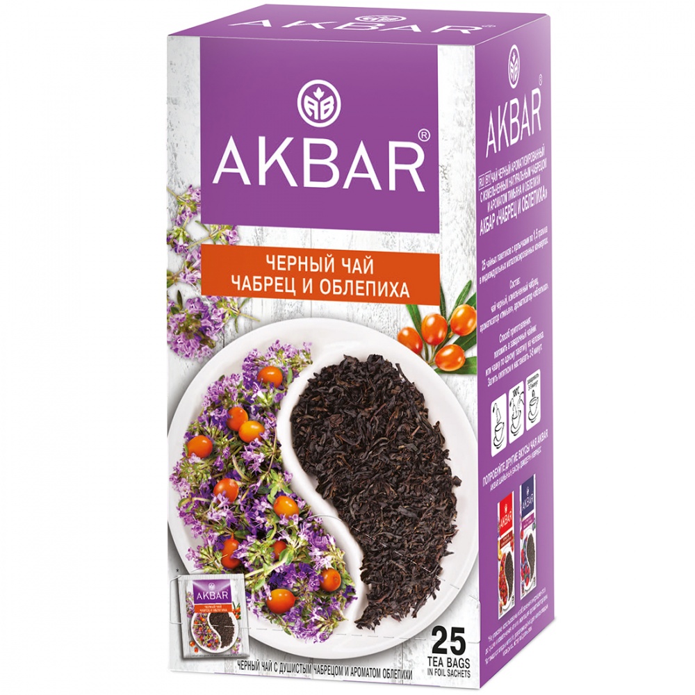 

Чай Akbar Чабрец и Облепиха, черный с добавками, 25 сашетов