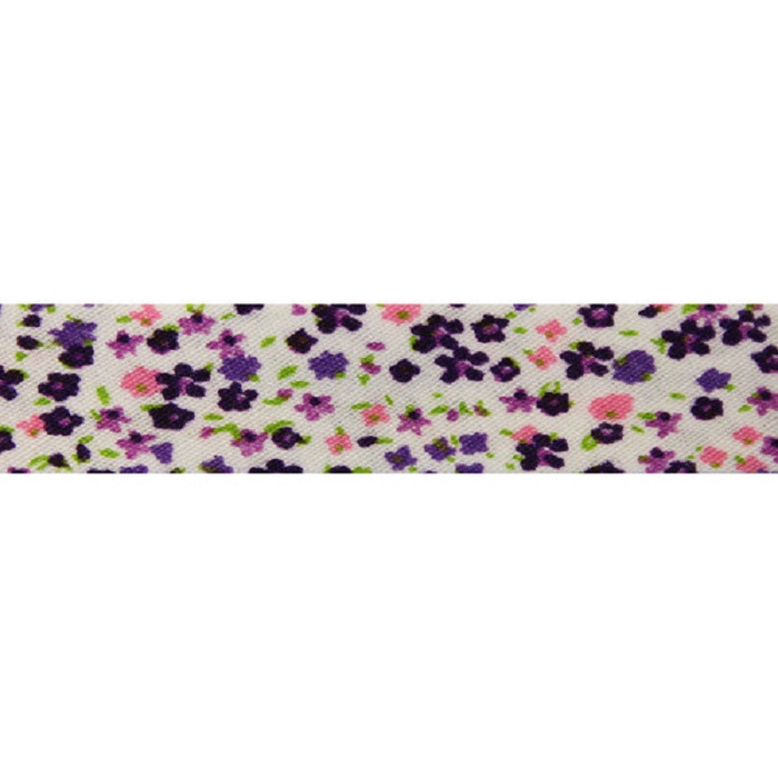 фото Косая бейка с принтом "цветочки новые", 15 мм x 65,8 м, цвет: fbf218 фиолетовый, арт. 7718 китай