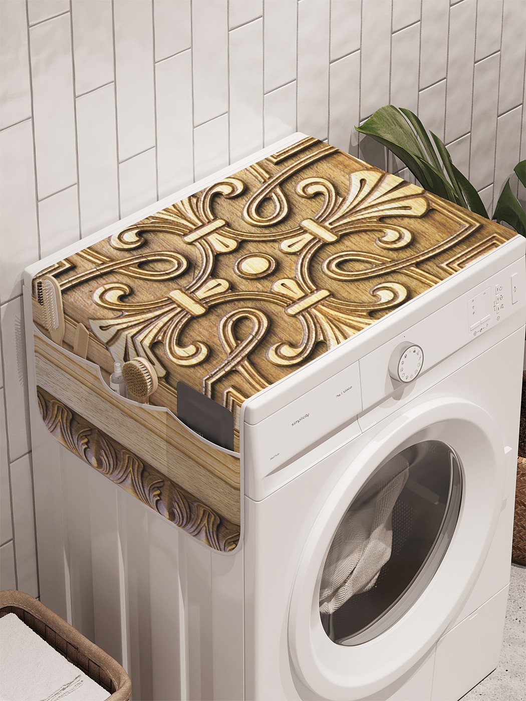 фото Органайзер "деревянный орнамент" на стиральную машину, 45x120 см ambesonne