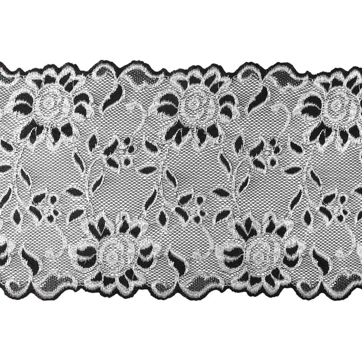 

Кружево эластичное двухцветное, цвет: черный, серебро, 17 см x 9,14 м, арт. 3AR362