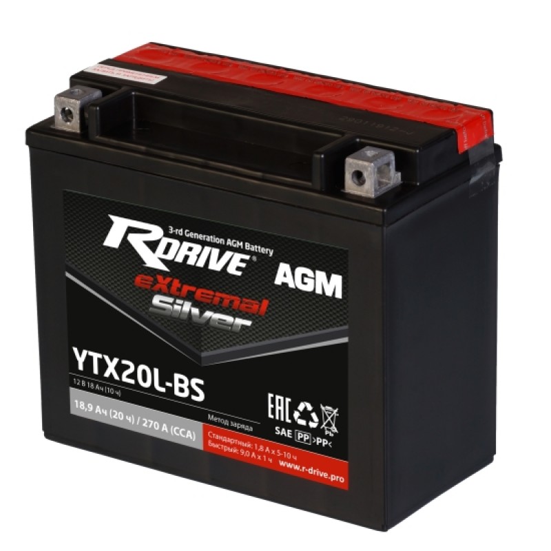 

Аккумулятор Silver RDRIVE-YTX20L-BS SL 12В 18Ач 270CCA 176x87x154 мм Обратная (-+)