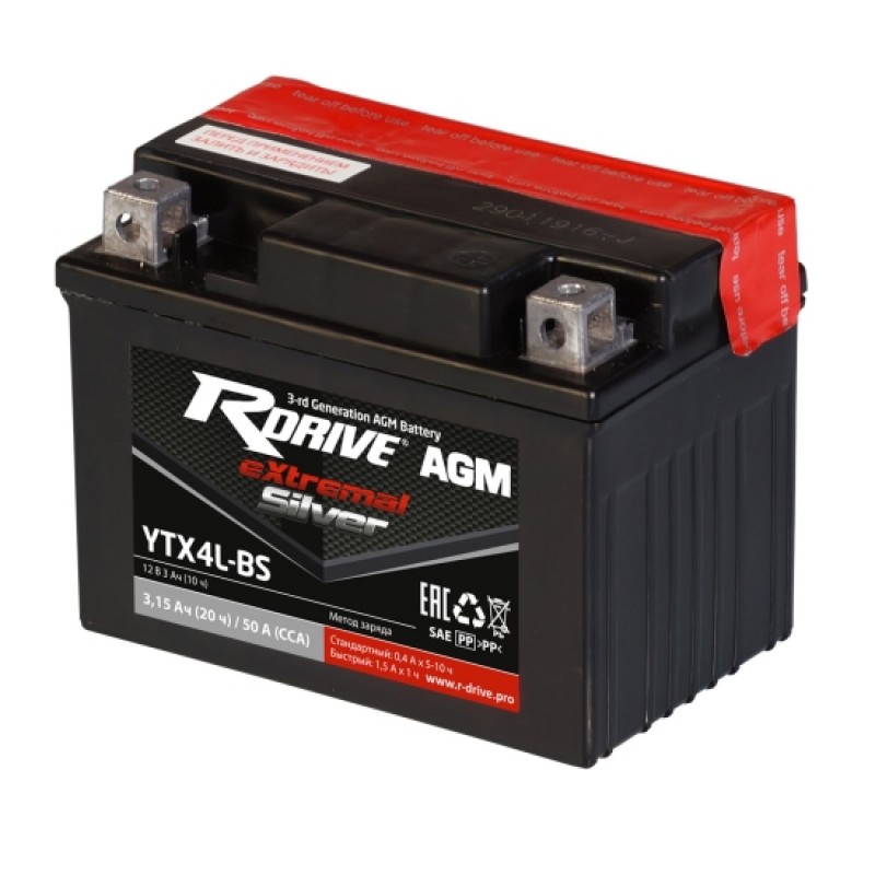 

Аккумулятор RDRIVE-YTX4L-BS 12В 3Ач 50CCA 114x71x86 мм Обратная (-+)