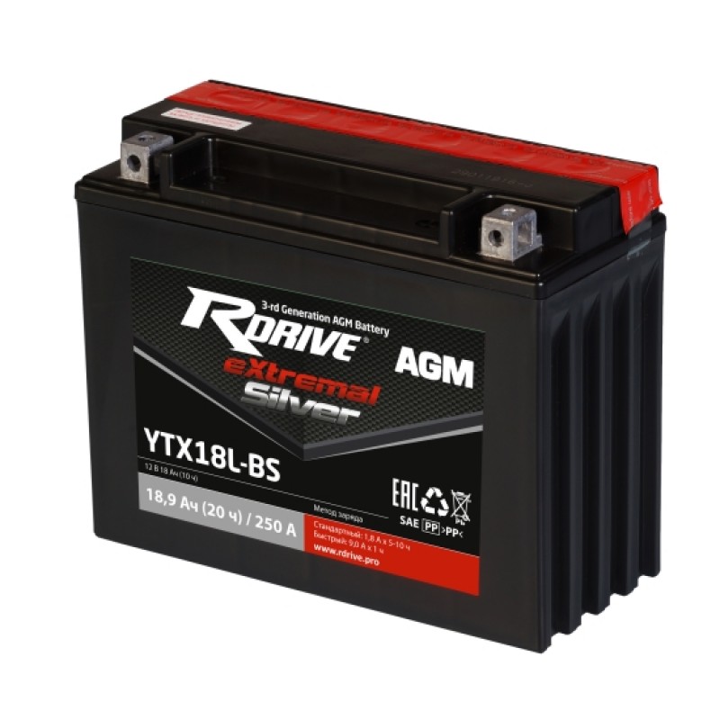 

Аккумулятор RDRIVE-YTX18L-BS 12В 21Ач 250CCA 205x87x162 мм Обратная (-+)