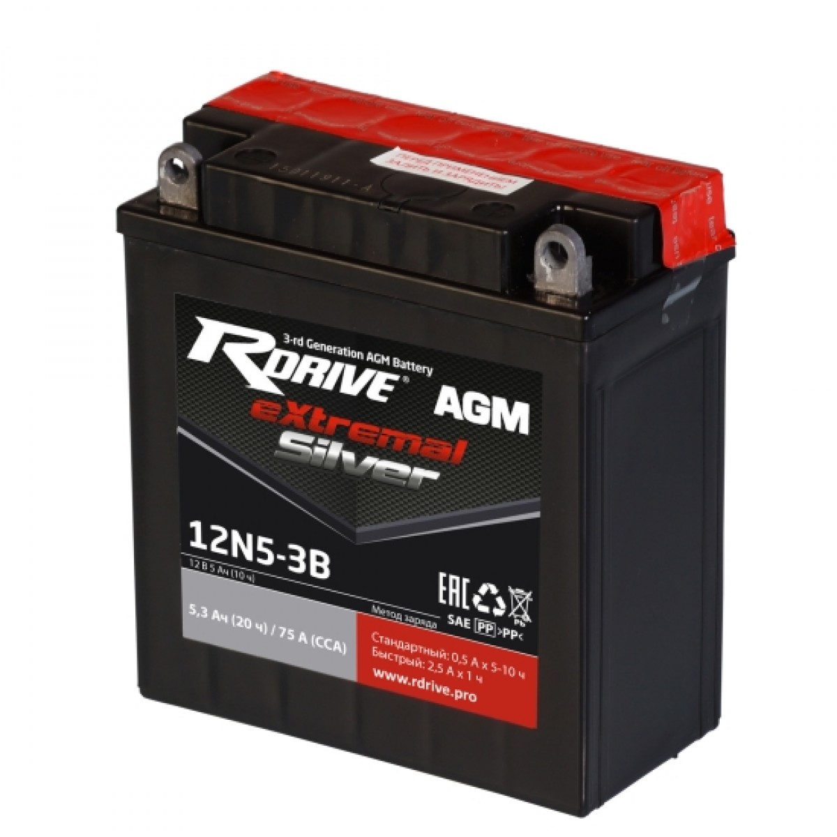 

Аккумулятор RDRIVE-12N5-3B 12В 5Ач 75CCA 119x59x130 мм Обратная (-+)