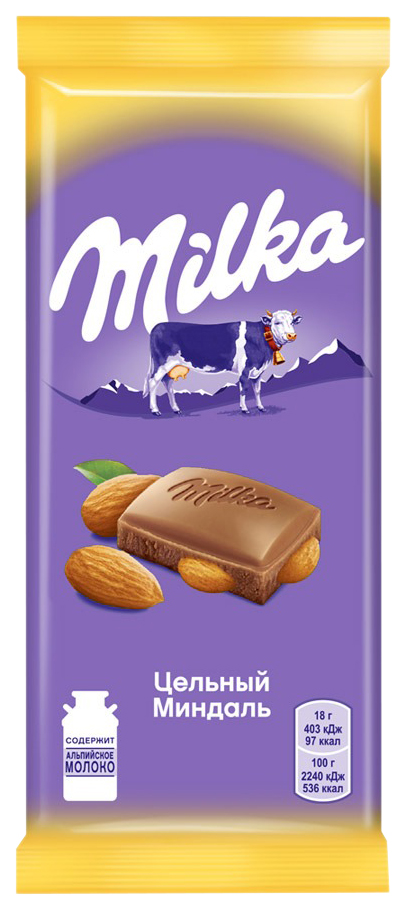 

Шоколад milka/милка молочный с цельным миндалем90г