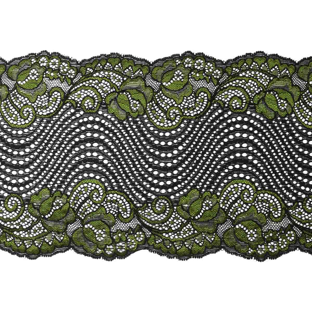 

Кружево эластичное, цвет: 11 черный, изумрудный, 18 см x 9,14 м, арт. 3AR369