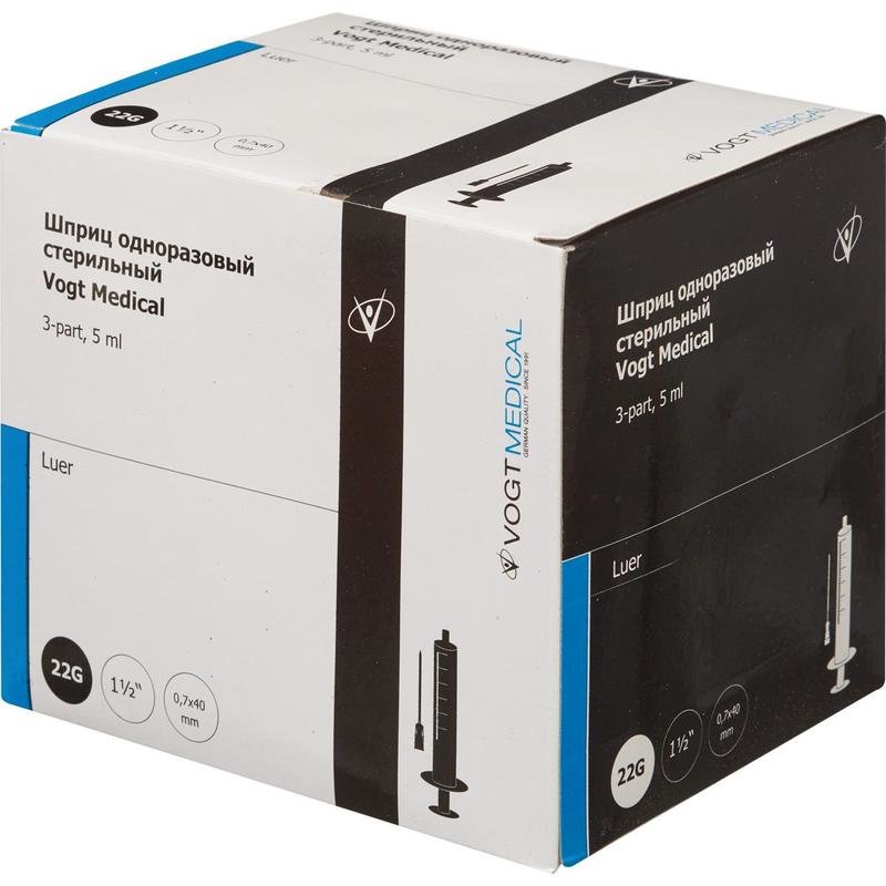 

Шприц одноразовый стерильный Vogt Medical 5 мл с иглой 22G 1 1/2 0,7*40мм luer 100 шт.