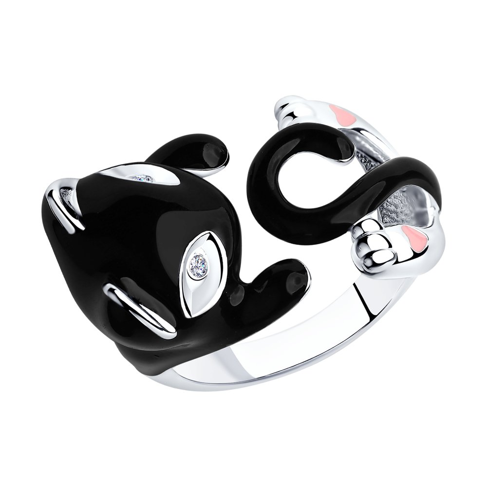 фото Кольцо женское в виде черной кошки sokolov из серебра 94011780 р.18