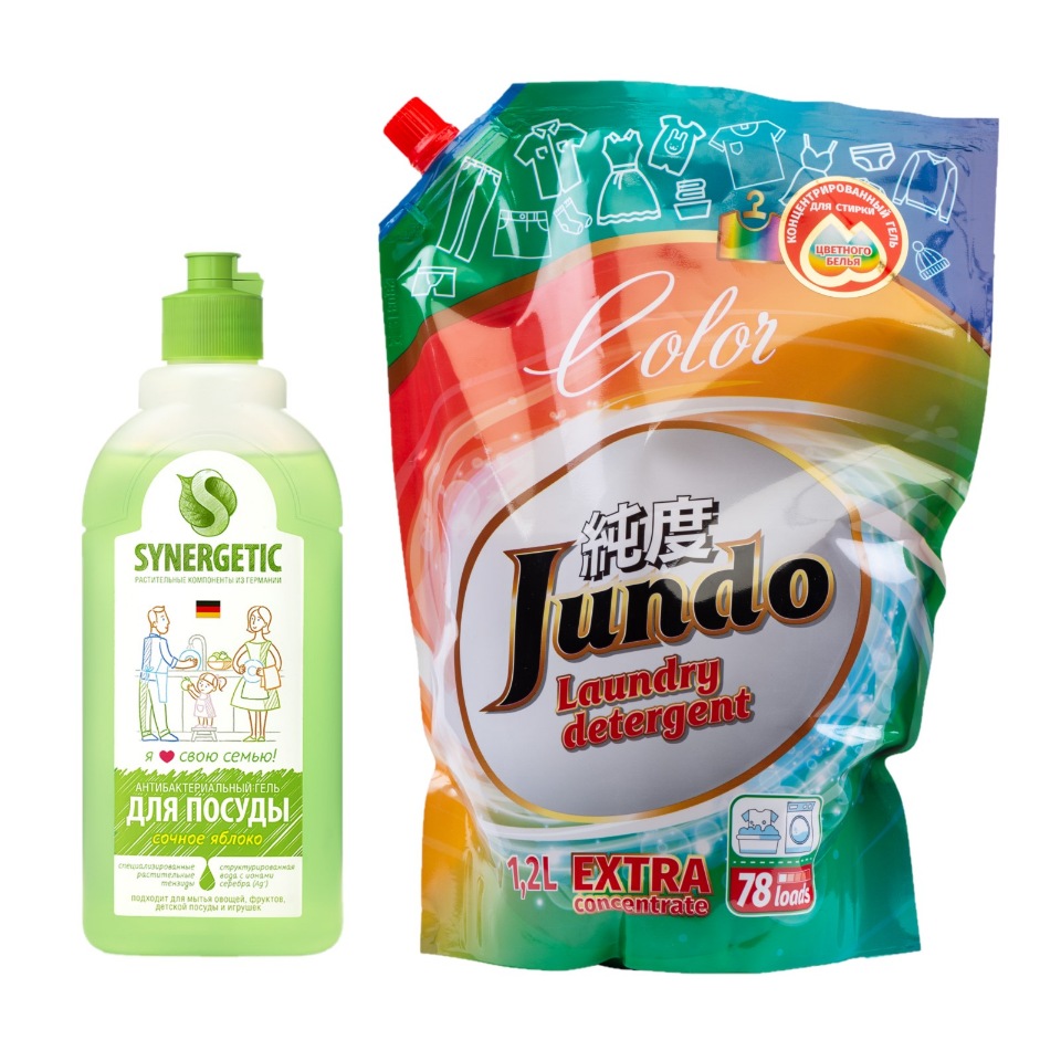

Средство д/посуды Synergetic Яблоко,0,5 л + Гель для цветного белья Jundo Color 1,2 мл