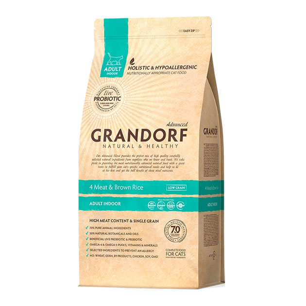 фото Сухой корм для кошек grandorf probiotic indoor, для домашних, 4 вида мяса и рис, 2кг