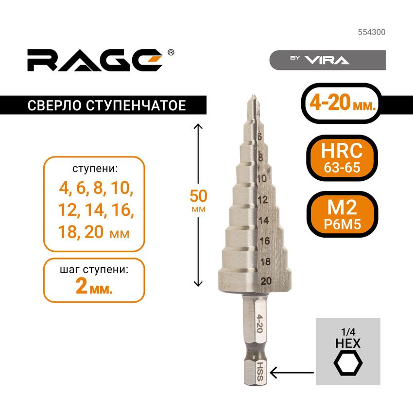 Сверло ступенчатое VIRA RAGE Ф20х75мм RAGE 554300 949₽