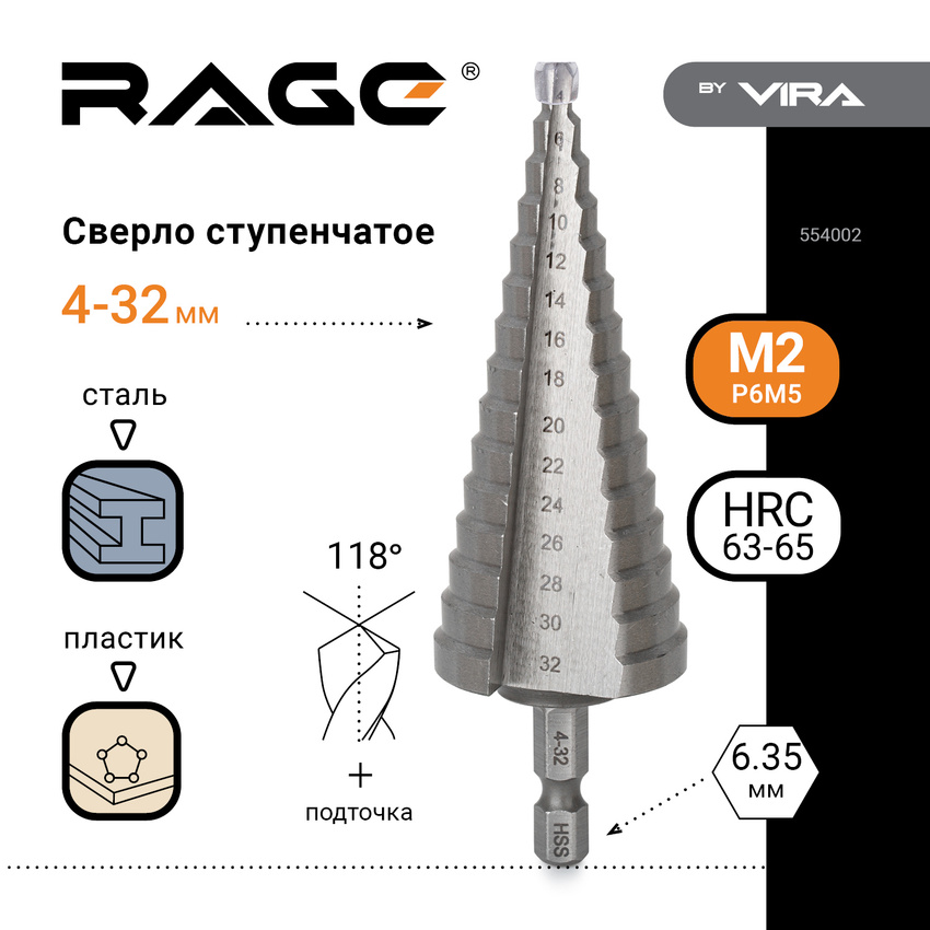 Сверло ступенчатое с шестигранным хвостовиком VIRA RAGE 4-32 мм 554002 3160₽