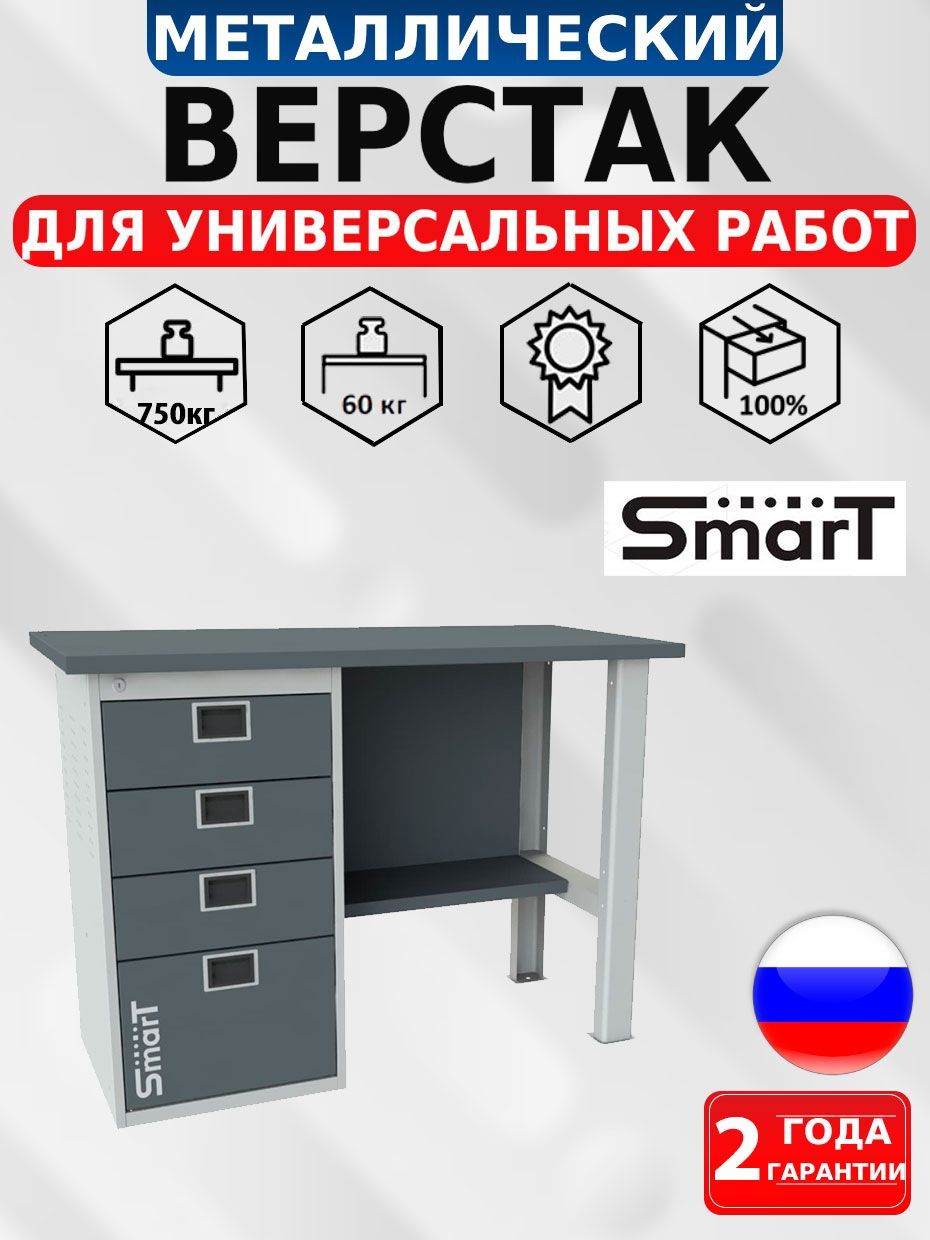 

Слесарный верстак SMART 1280.4.S1.0 универсальный в гараж,864х1286х605, Серый;синий