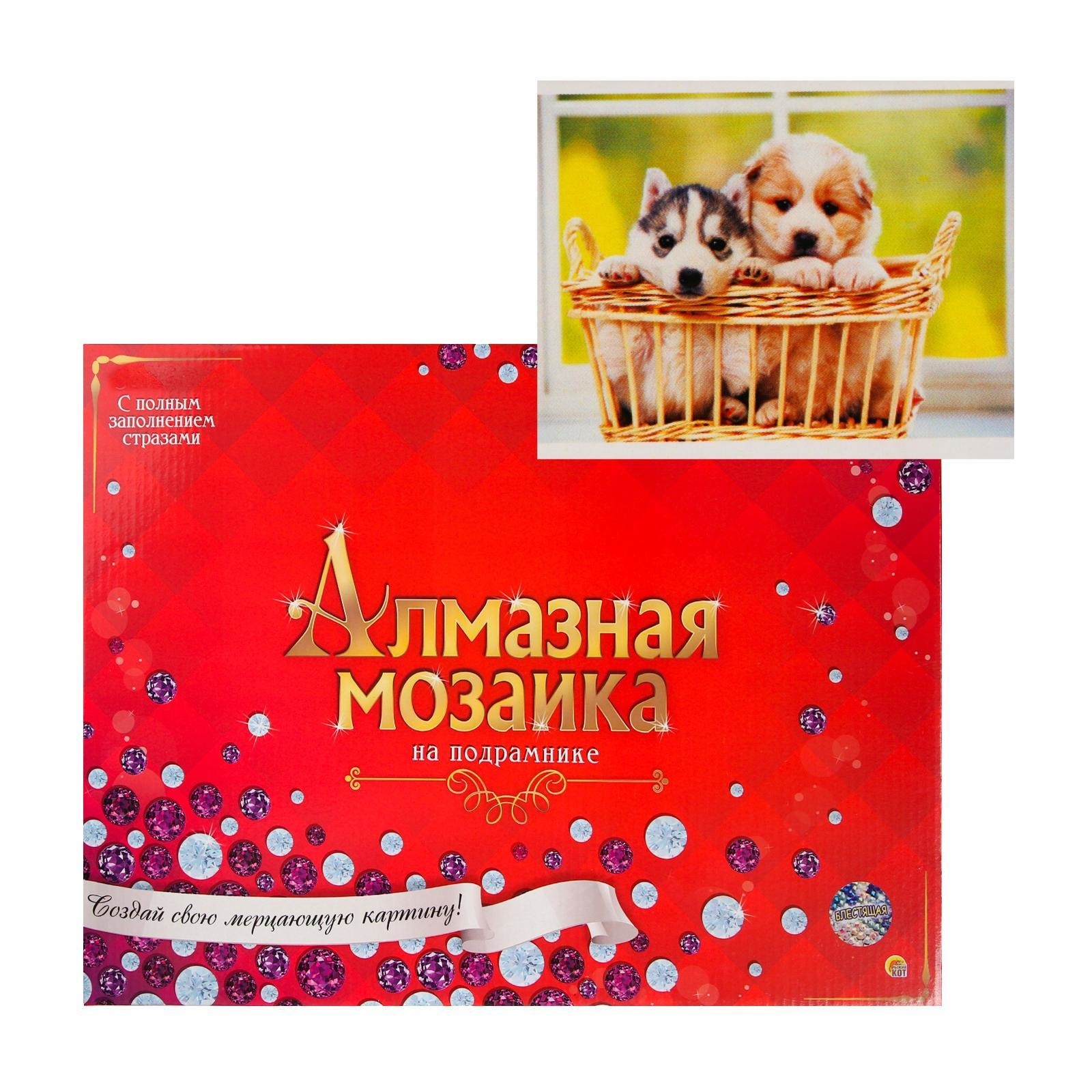 фото Рыжий кот 30х40 см два щеночка в корзине с подрамником