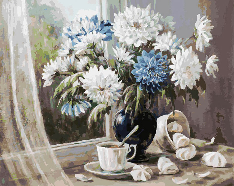 фото Картина по номерам белоснежка хризантемы — цветы запоздалые, 40x50