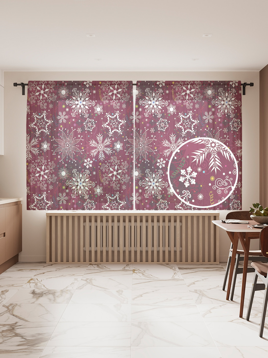 

Фототюль JoyArty "Яркие снежинки", 145x180 см (2 полотна со шторной лентой + 50 крючков), Яркие снежинки