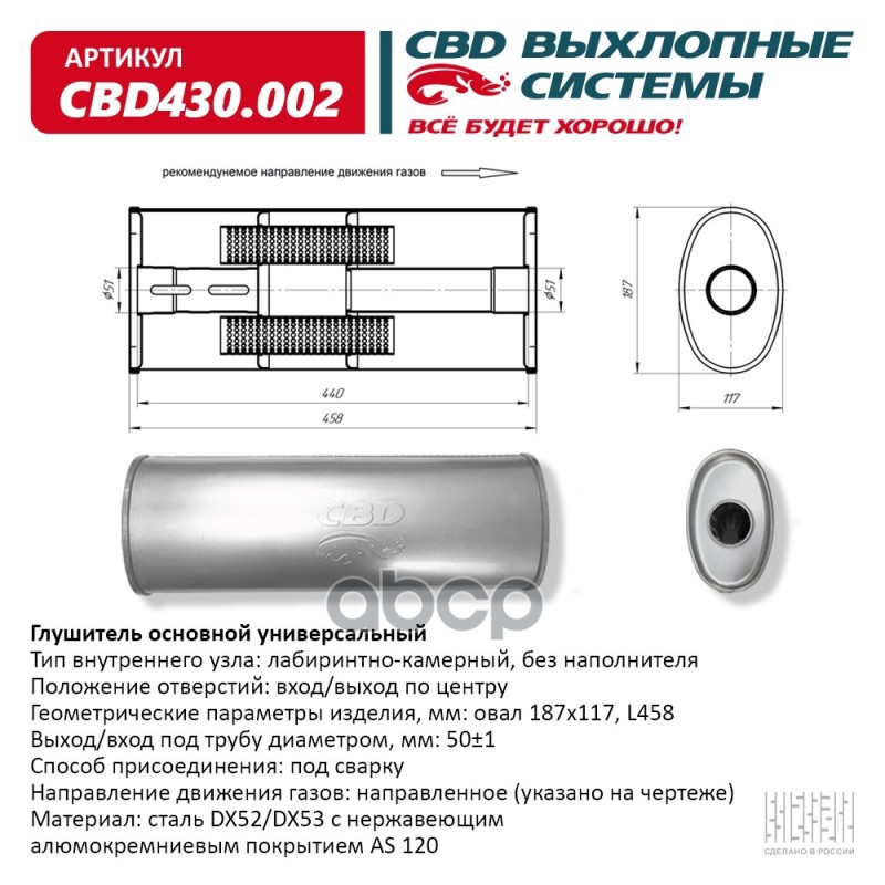 

CBD CBD430002 Глушитель основной универальный 458 х 186 х 50 сосн вход/выход