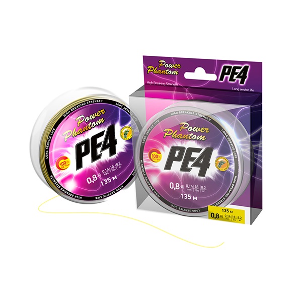 

Шнур Power Phantom PE4, 135м, флуоресцентный желтый #0,4, 0,1мм, 5,4кг, PE4