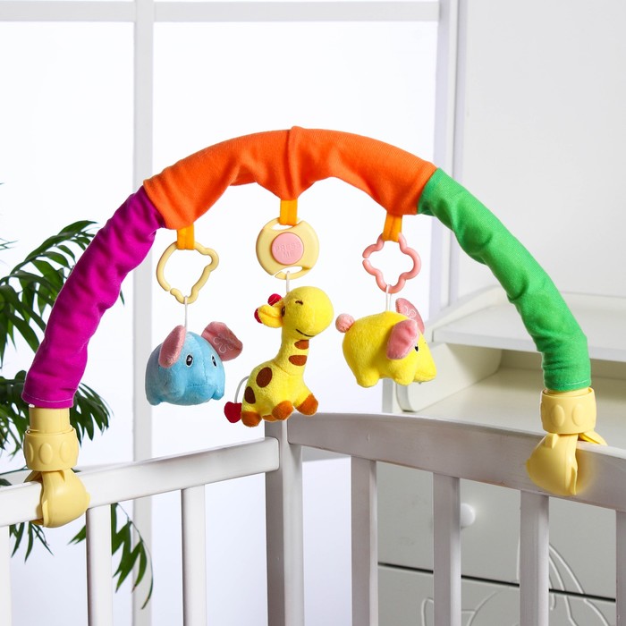Дуга игровая музыкальная на коляску/кроватку «Слоники», 3 игрушки, цвет МИКС, р-р 42-68 см