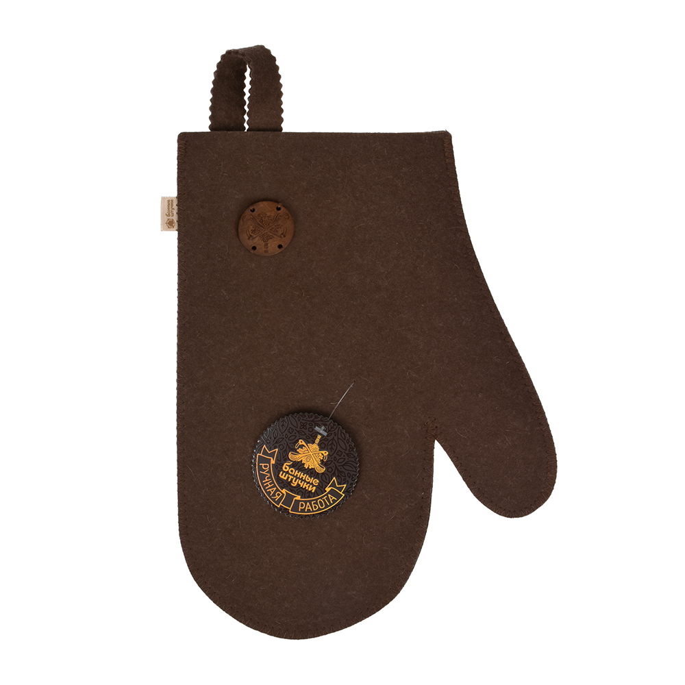 фото Рукавица для сауны банные штучки, с вышитым логотипом, коричневая, войлок