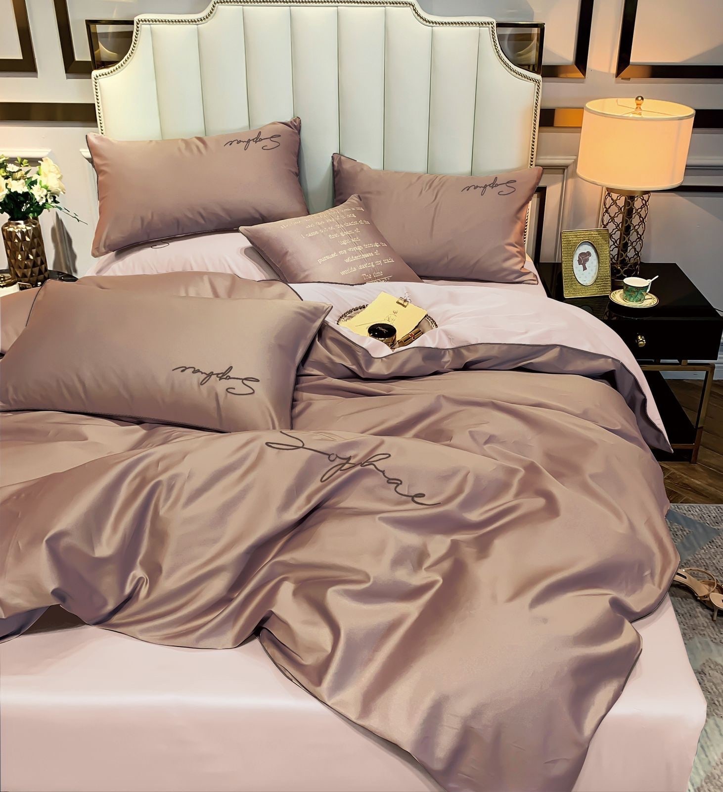 фото Комплект постельного белья winni жатка на резинке коричневый розовый – 2х спальный
