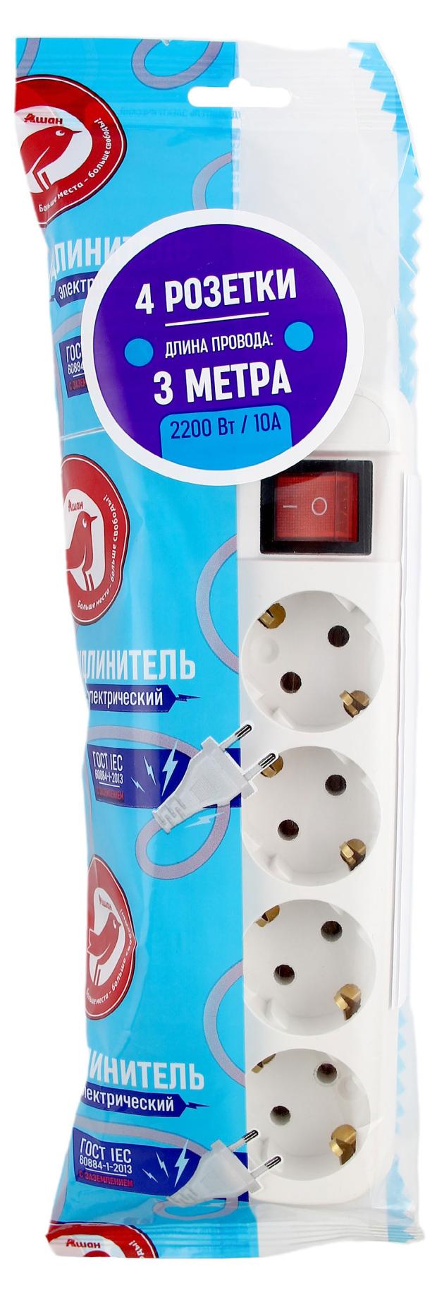 Удлинитель АШАН Красная птица с кнопкой 4 гнезда с заземлением 10А 3 м 430₽