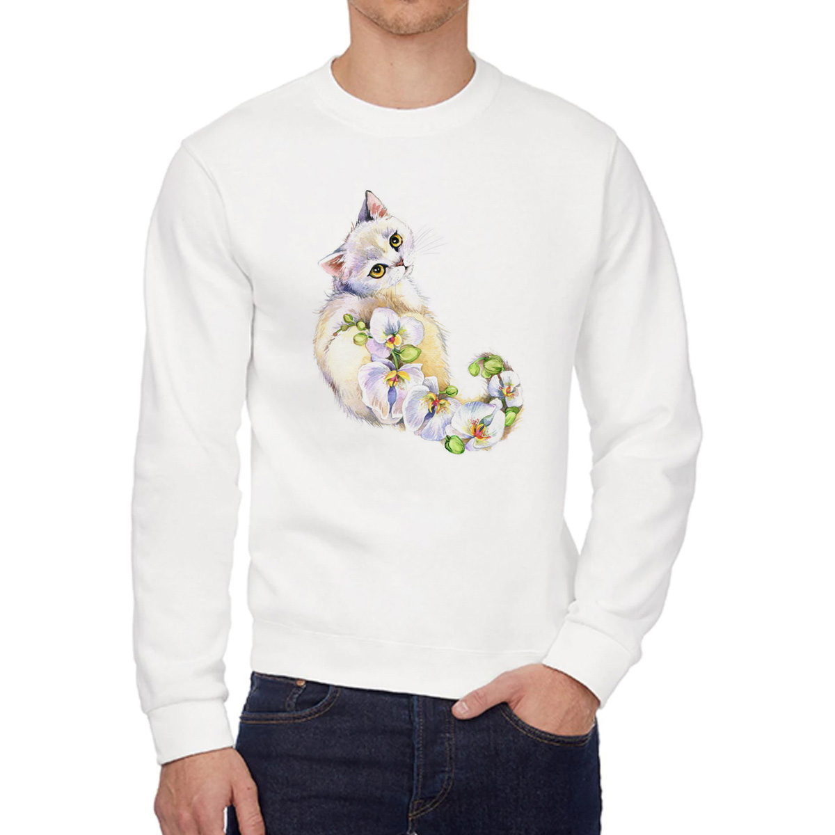 

Свитшот женский CoolPodarok Кошки Орхидеи белый 54 RU, 4W015282