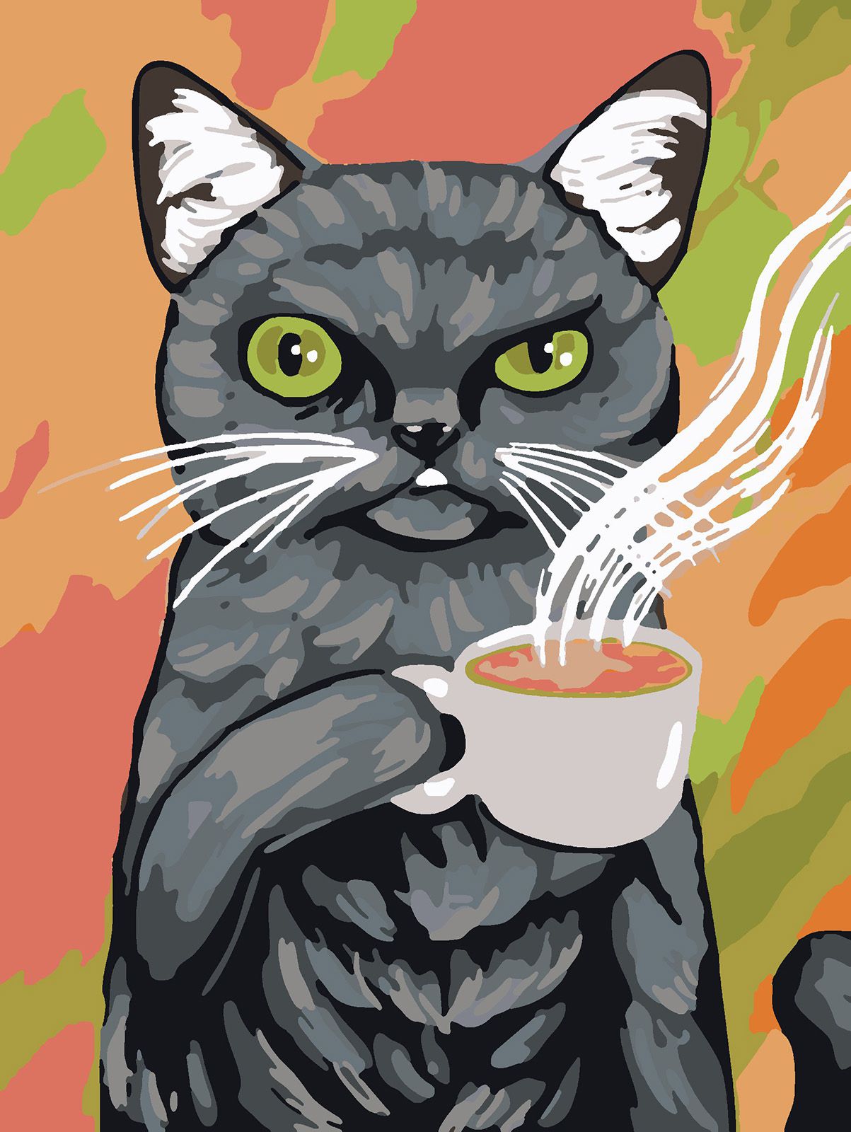 фото Картина по номерам красиво красим кот с чашкой чая, 50 х 70 см