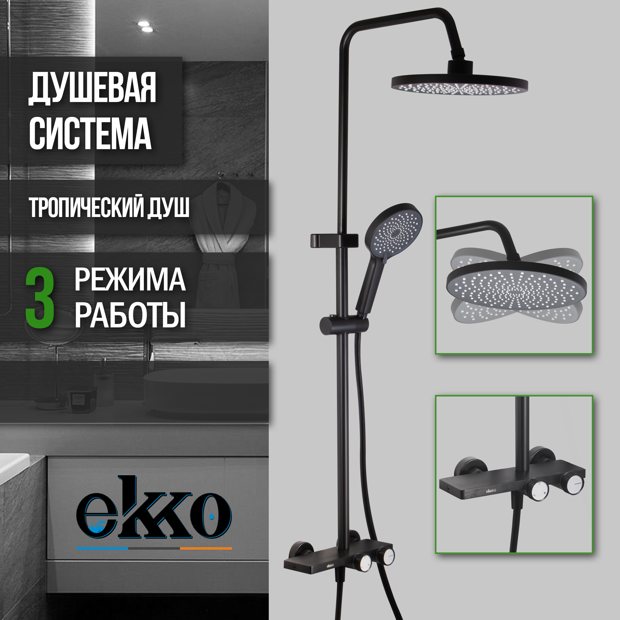 

Душевая система с тропическим душем EKKO E2503-7, черный матовый, E2503
