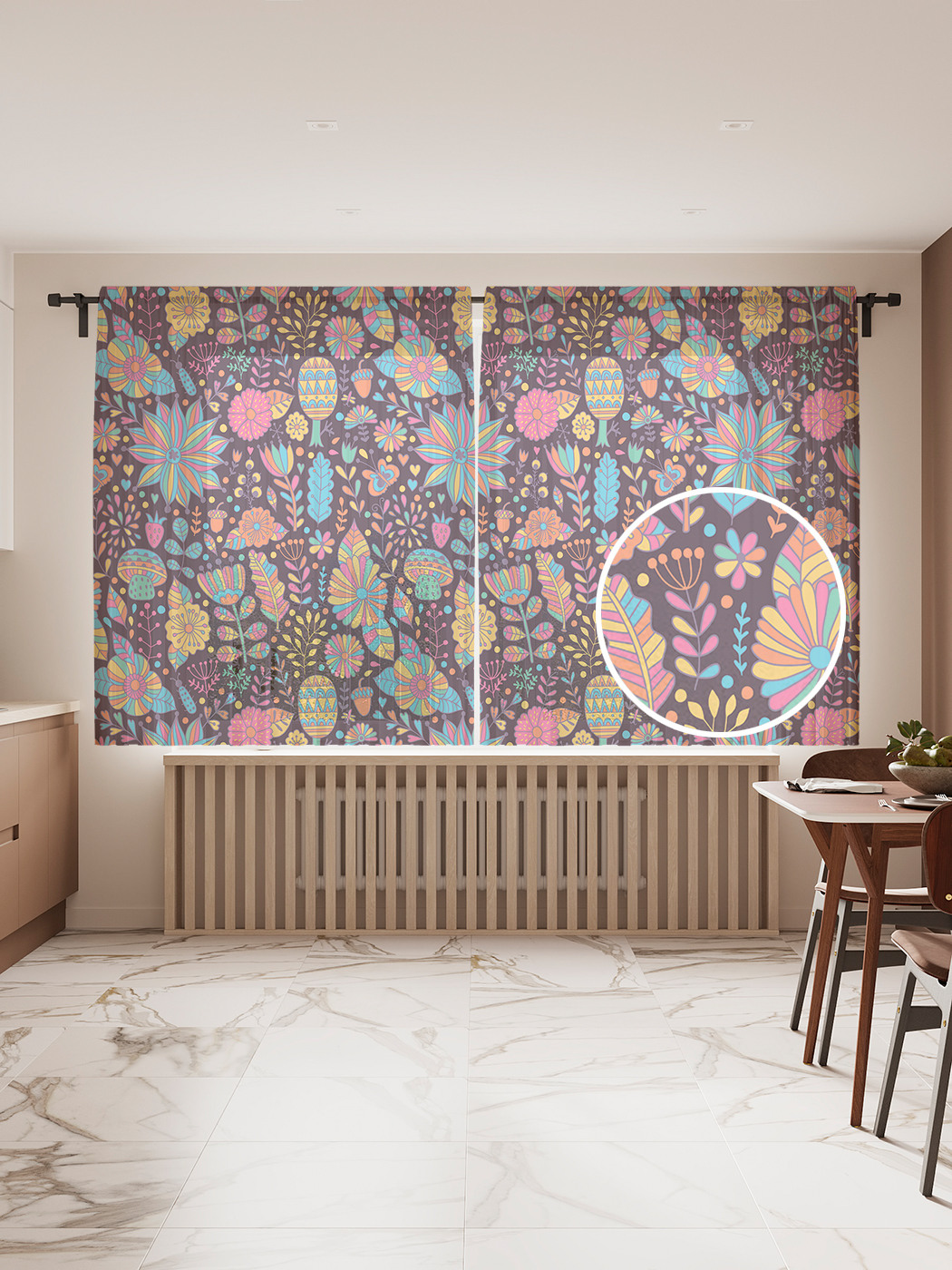 

Фототюль JoyArty "Разноцветные грибы", 145x180см (2 полотна с лентой + 50 крючков), Разноцветные грибы