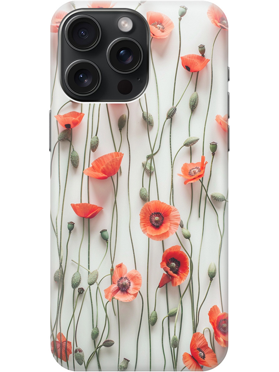

Силиконовый чехол на Apple iPhone 15 Pro Max с рисунком "Маки на белой стене", Белый;красный, 20000013