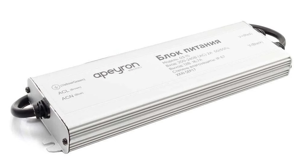 Блок питания Apeyron 03-15 12В, 200 Вт, IP67, 16,7 А, металл, 235*70*25 мм
