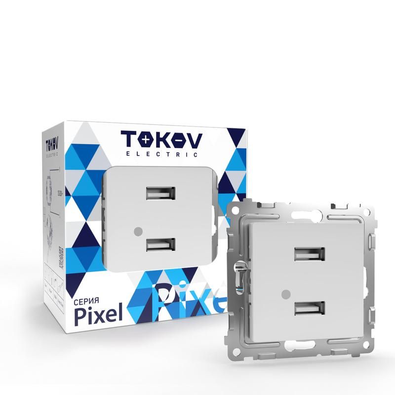 фото Розетка 2-м usb сп pixel тип a+a 5в 1х2.1а 2х1.05а механизм бел. tokov electric tke-px-2us