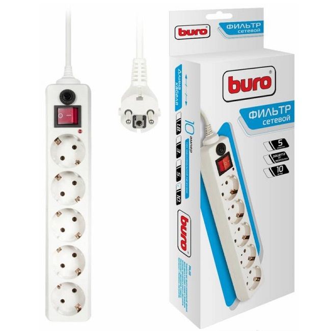 Сетевой фильтр BURO 500SH-10-W, 5 розеток, 10 м, White buro сетевой фильтр 5 розеток 500sh 1 8 sw w 1 8м белый коробка 1159720