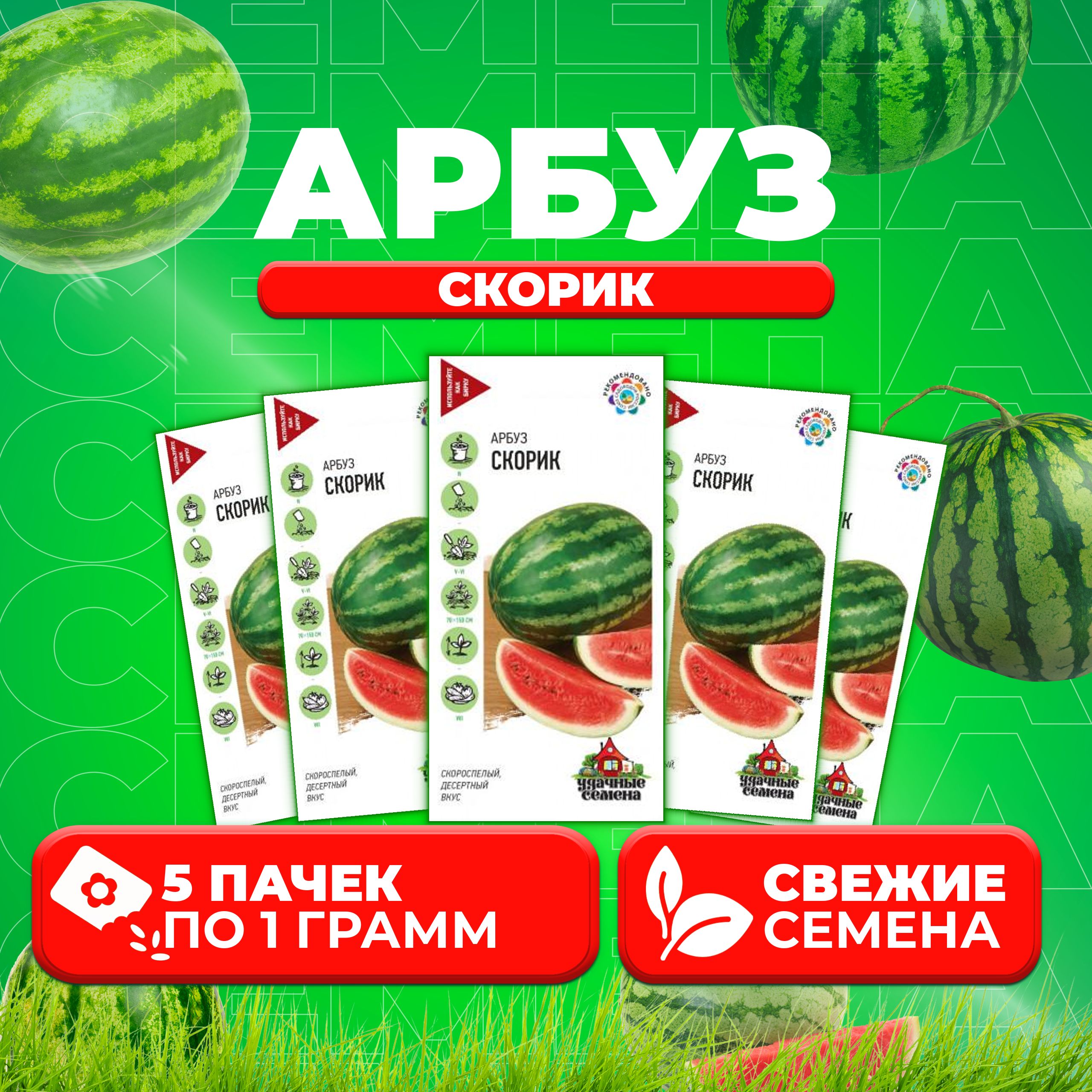 Семена Арбуз Скорик, 1,0г, Удачные семена 5 уп