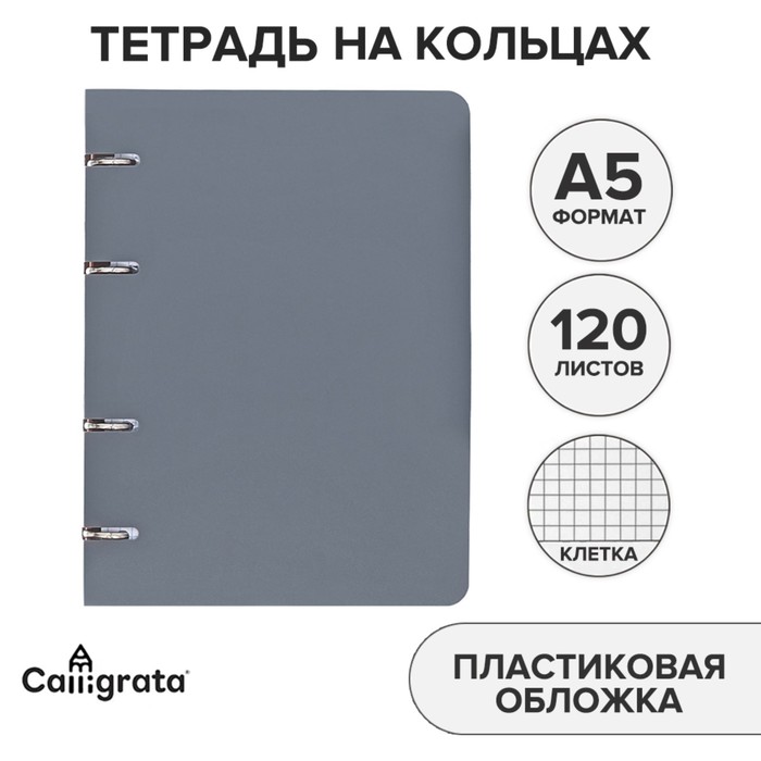 

Тетрадь Calligrata 10207266, на кольцах, в клетку, пластиковая обложка, серая, 120 л