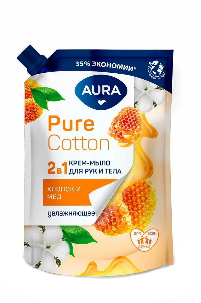 Жидкое крем-мыло Aura Pure Cotton Хлопок и мед увлажняющее для рук и тела 450 мл