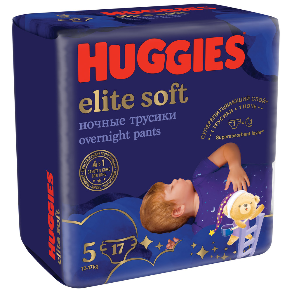

Подгузники-трусики Huggies Elite Soft ночные 12-17 кг, 5 размер, 17 шт