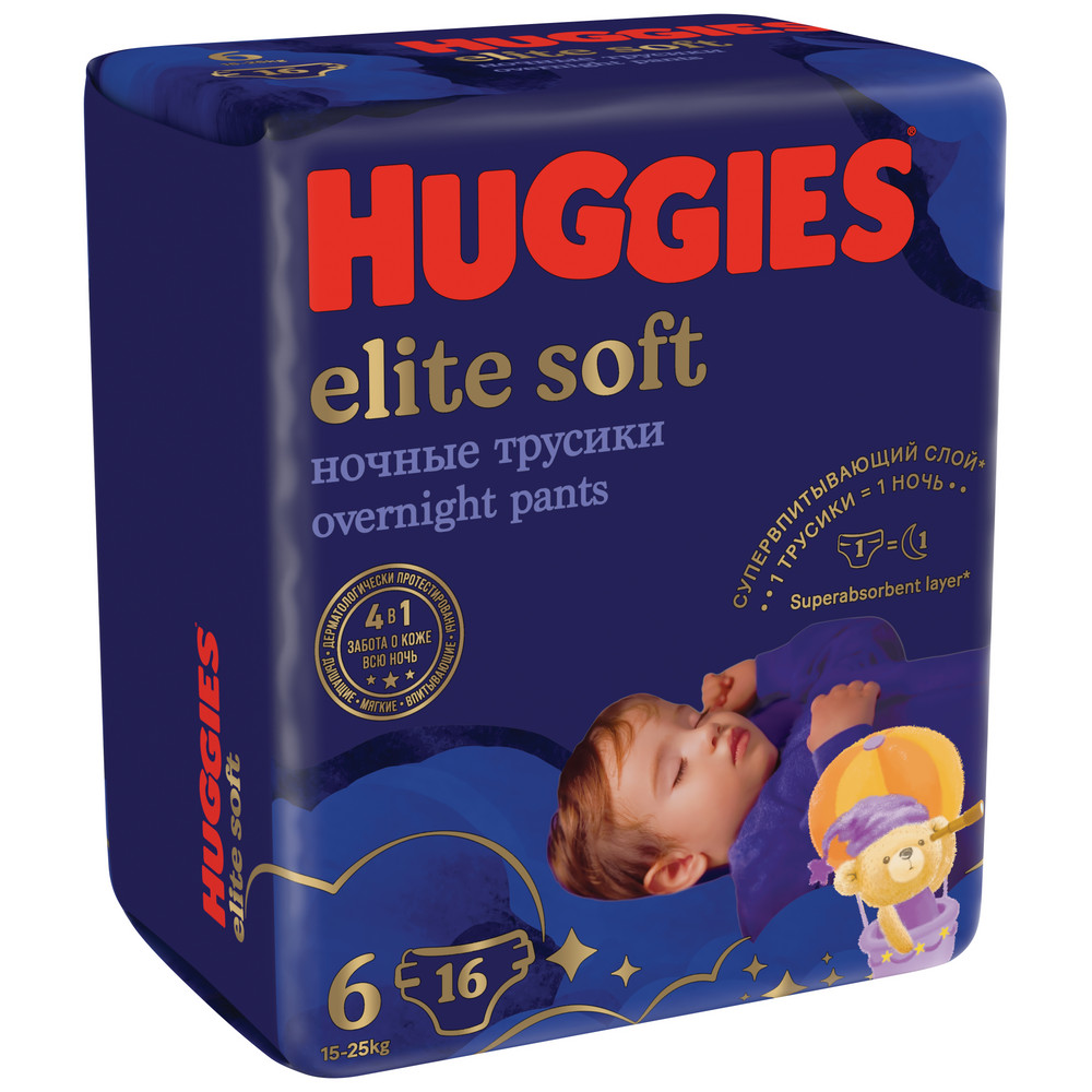 Подгузники-трусики Huggies Elite Soft ночные 15-25 кг, 6 размер, 16 шт