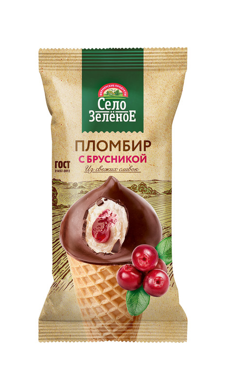 Мороженое Село Зелёное в вафельном рожке, пломбир, с брусникой, 15%, 70 г