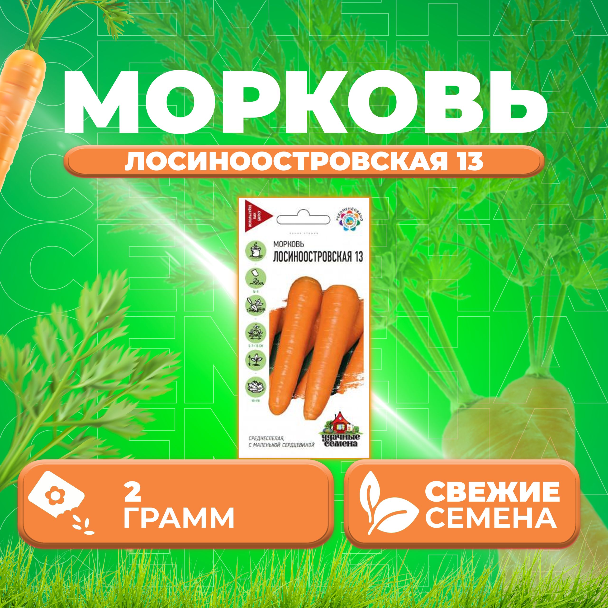 

Семена Морковь Лосиноостровская 13, 2,0г, Удачные семена 1 уп
