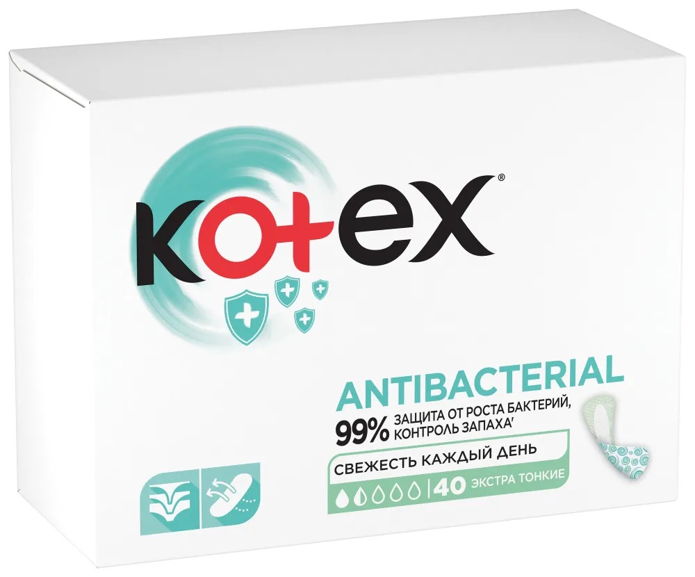

Прокладки Kotex Antibacterial экстратонкие ежедневные 40 шт., Белый
