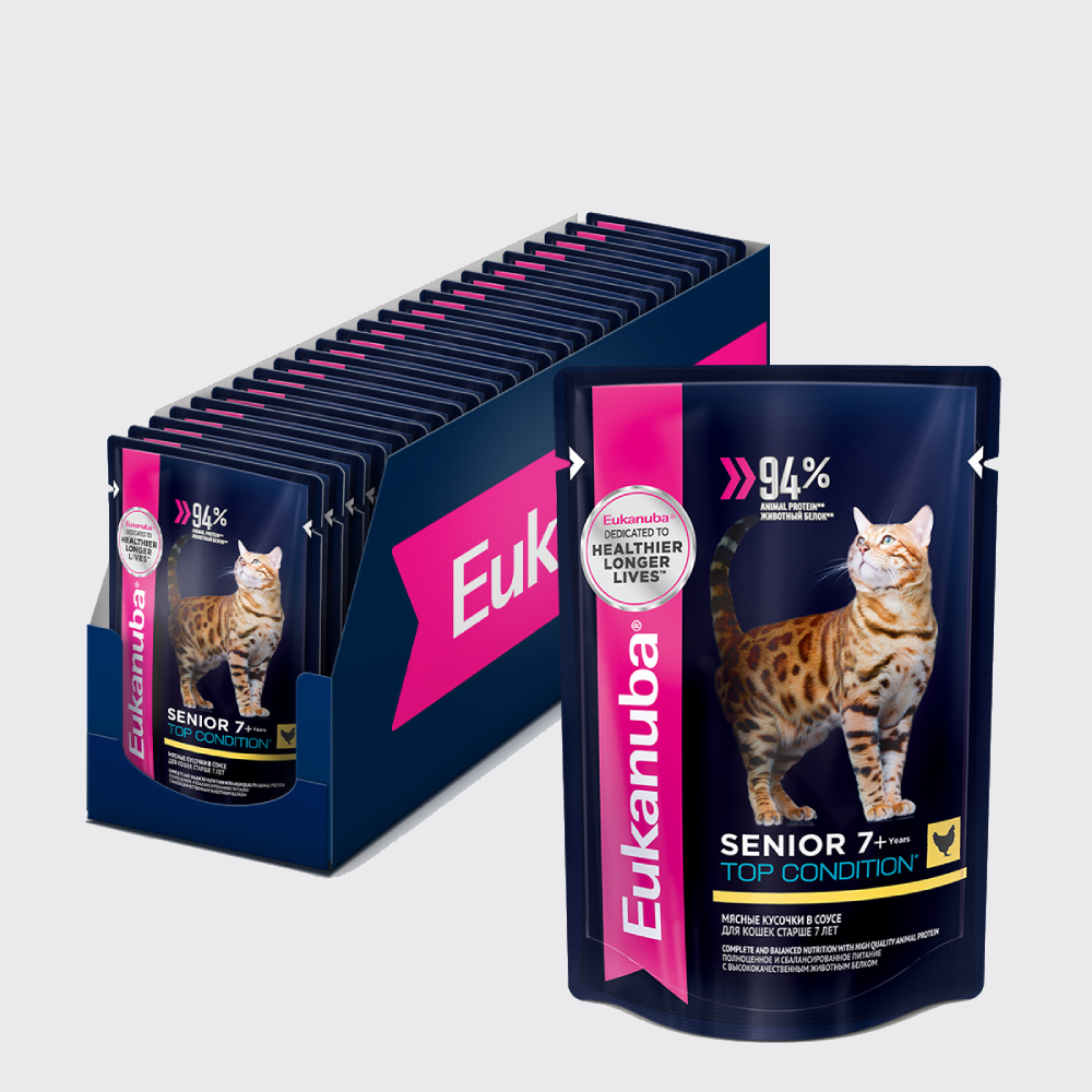 Корм влажный Eukanuba для пожилых кошек, курица, в соусе, в шоу боксе, 24x85 г