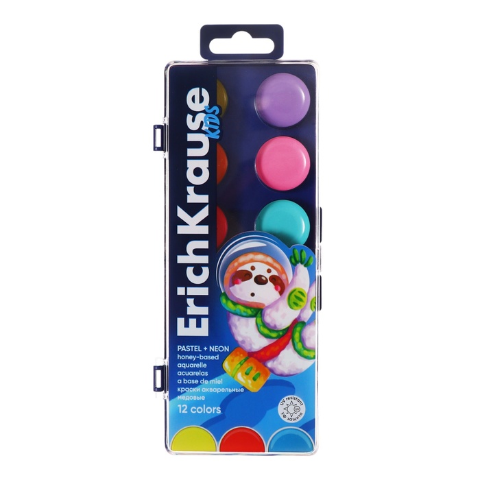 Акварель ErichKrause Kids Space Animals Neon+Pastel 12 цветов пластик с европодвесом