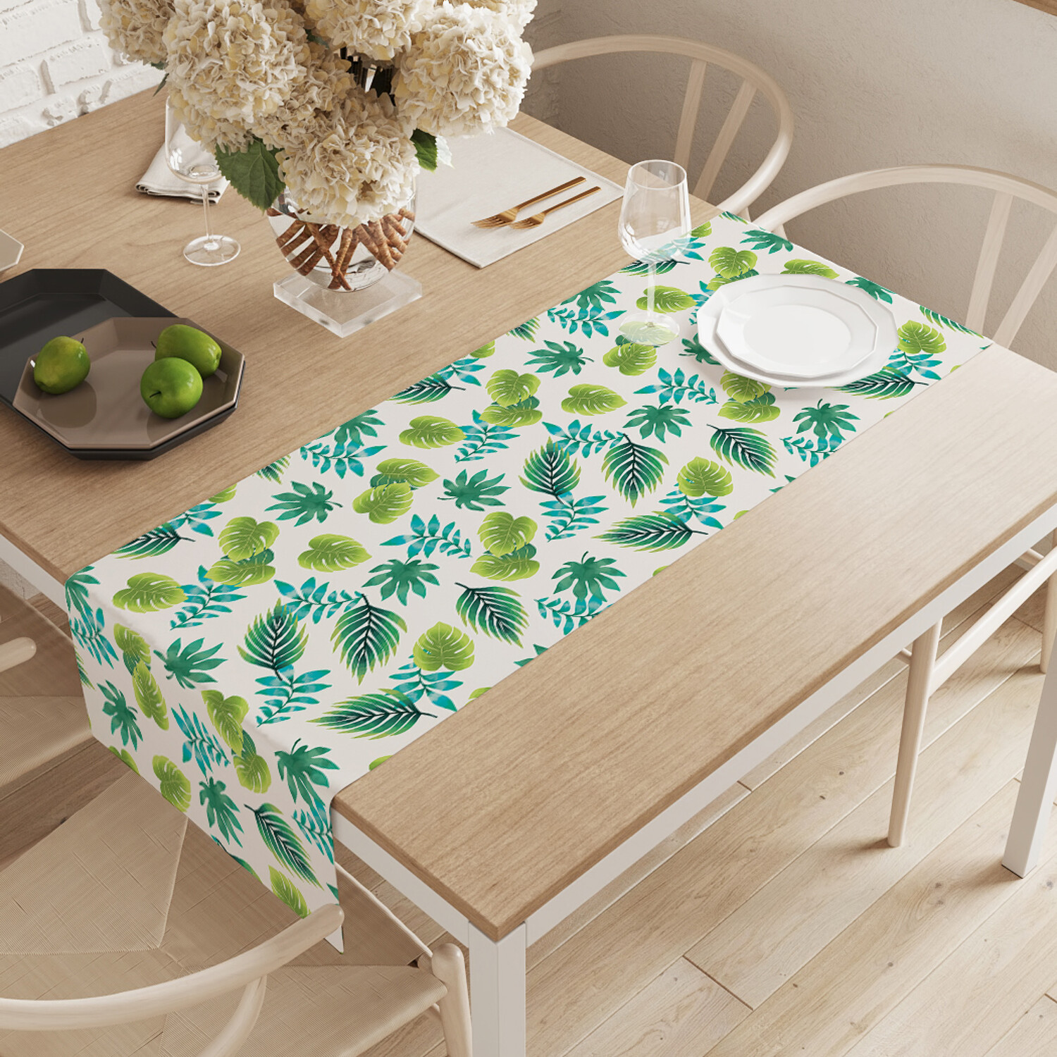 

Дорожка водоотталкивающая на стол JoyArty Тропики из листьев ptt_421592 145х40см белый, Тропики из листьев