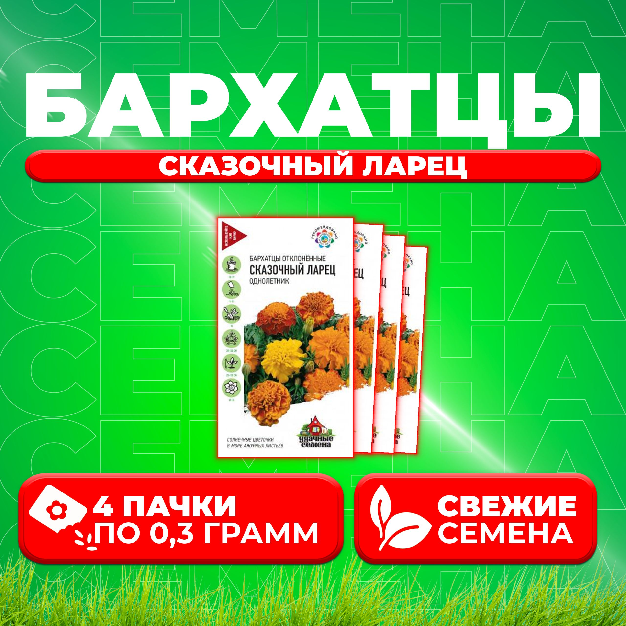 

Семена Бархатцы отклоненные тагетес Сказочный ларец, 0,3г, Удачные семена 4 уп