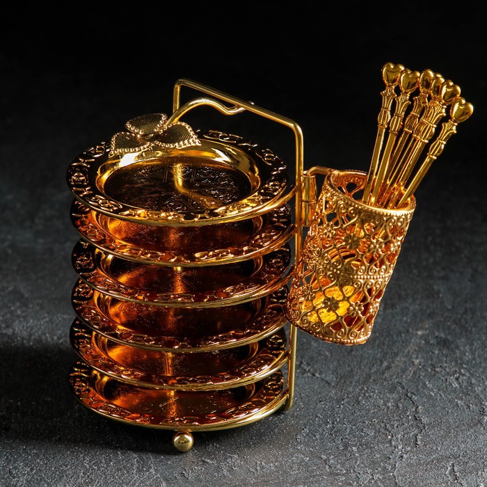 фото Набор блюдец золото, с подставкой, с ложками, 6 шт, цвет золотой nobrand