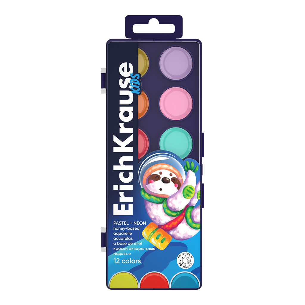 Краски акварельные ErichKrause Kids Space Animals,61364, медовые с УФ защитой 12 цветов