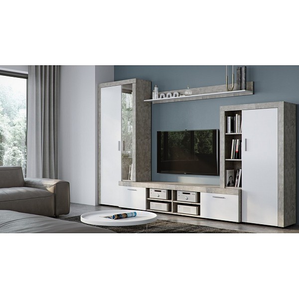 

Стенка для гостиной Black Red White Скай 301х40х189,5, дуб белый/beton jasny atelier, Скай