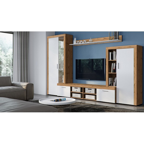 

Стенка для гостиной прямая Black Red White Скай 301х40х189,5, дуб белый/дуб вотан, Скай